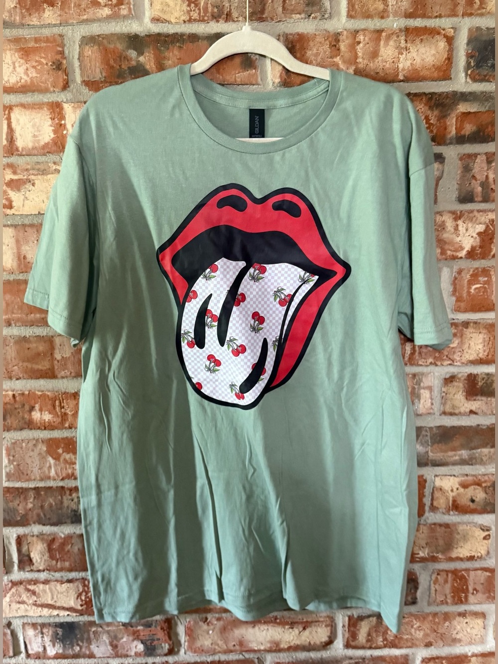 Gildan Sage Green Short Sleeve Tee with Red Cherry Tongue Graphic